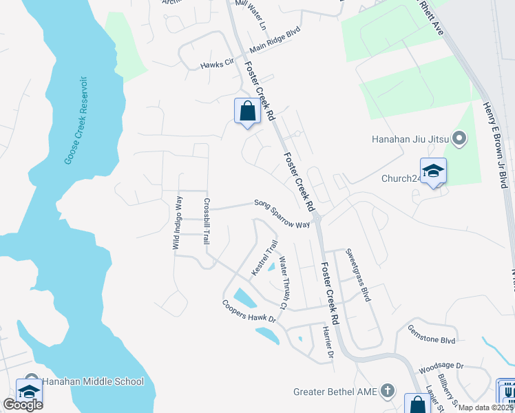 map of restaurants, bars, coffee shops, grocery stores, and more near 1330 Song Sparrow Way in Hanahan
