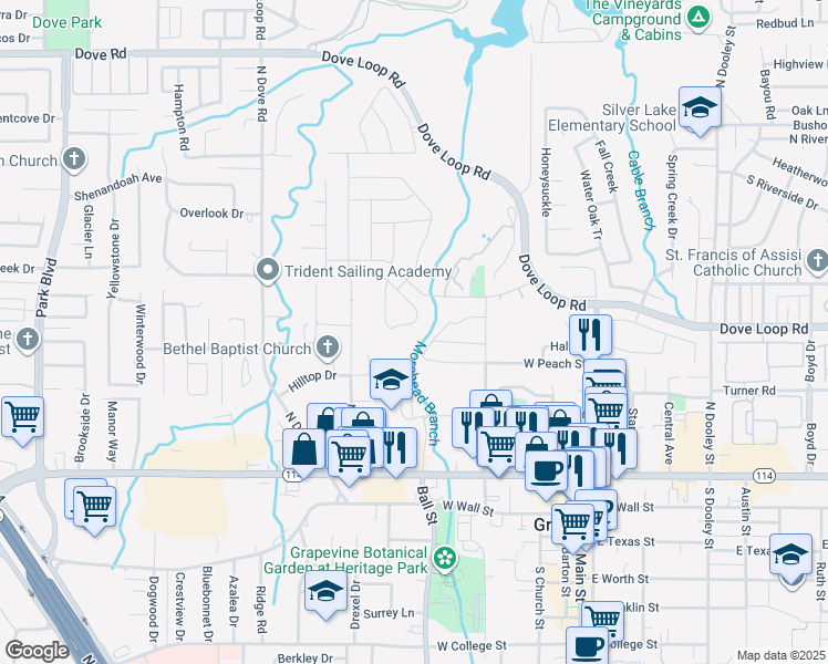map of restaurants, bars, coffee shops, grocery stores, and more near 855 Shady Brook Drive in Grapevine