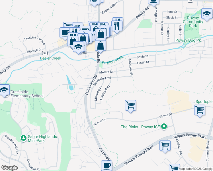 map of restaurants, bars, coffee shops, grocery stores, and more near 12636 Arabian Way in Poway