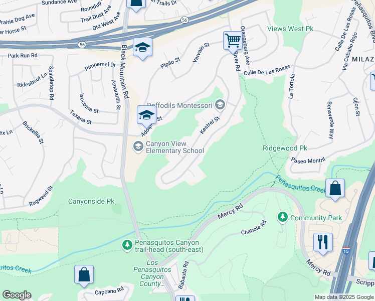 map of restaurants, bars, coffee shops, grocery stores, and more near 9335 Kestrel Place in San Diego