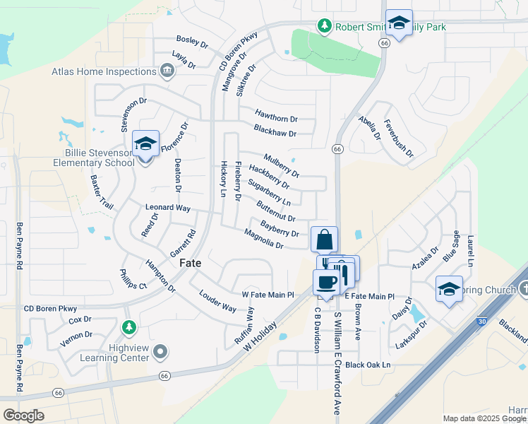 map of restaurants, bars, coffee shops, grocery stores, and more near 424 Butternut Drive in Rockwall