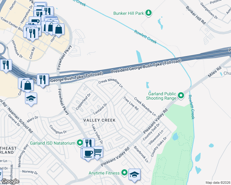 map of restaurants, bars, coffee shops, grocery stores, and more near 2321 Lantana Drive in Garland