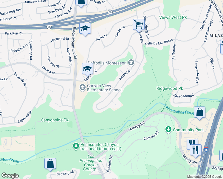 map of restaurants, bars, coffee shops, grocery stores, and more near 9335 Kestrel Place in San Diego