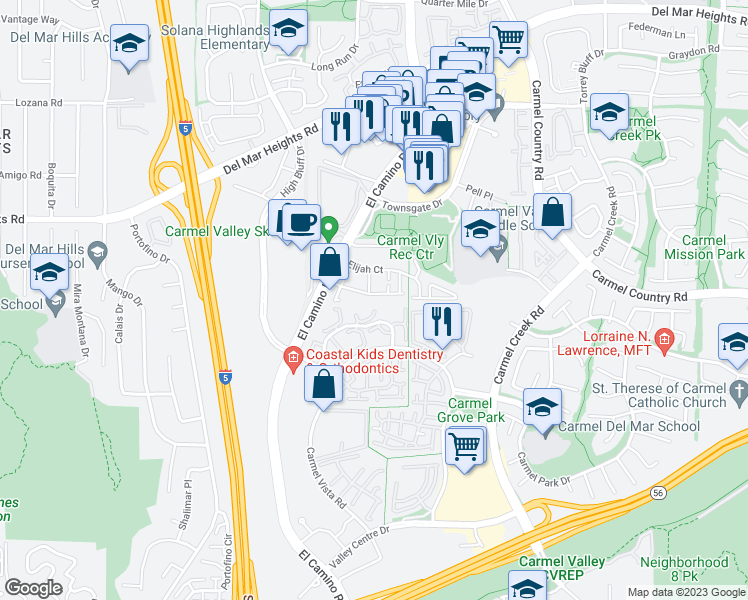 map of restaurants, bars, coffee shops, grocery stores, and more near 12543 El Camino Real in San Diego