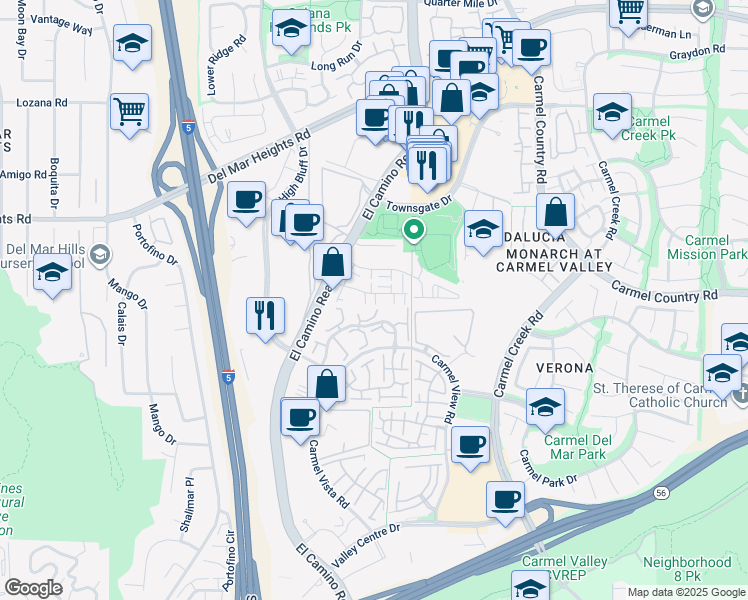 map of restaurants, bars, coffee shops, grocery stores, and more near 12543 El Camino Real in San Diego