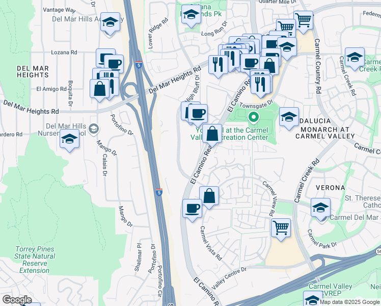 map of restaurants, bars, coffee shops, grocery stores, and more near 12531 High Bluff Drive in San Diego