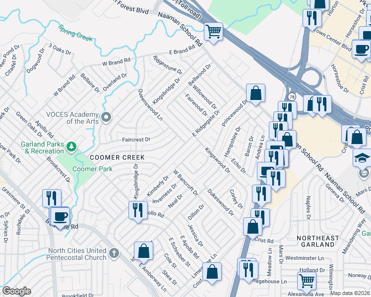 map of restaurants, bars, coffee shops, grocery stores, and more near 106 Ridgegate Drive in Garland