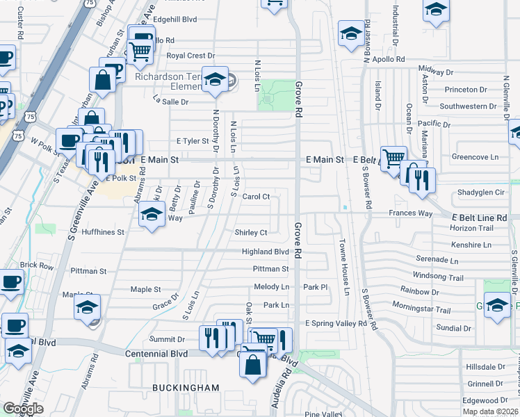 map of restaurants, bars, coffee shops, grocery stores, and more near 528 Carol Ct in Richardson