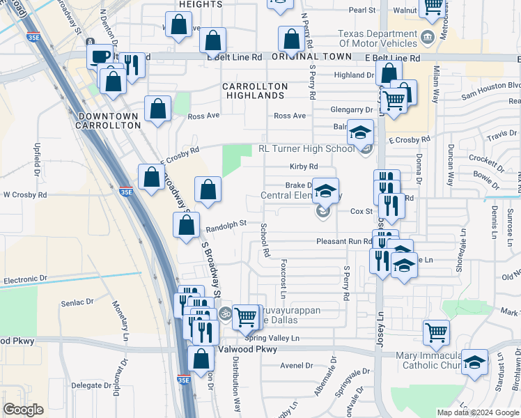 map of restaurants, bars, coffee shops, grocery stores, and more near 1506 School Road in Carrollton