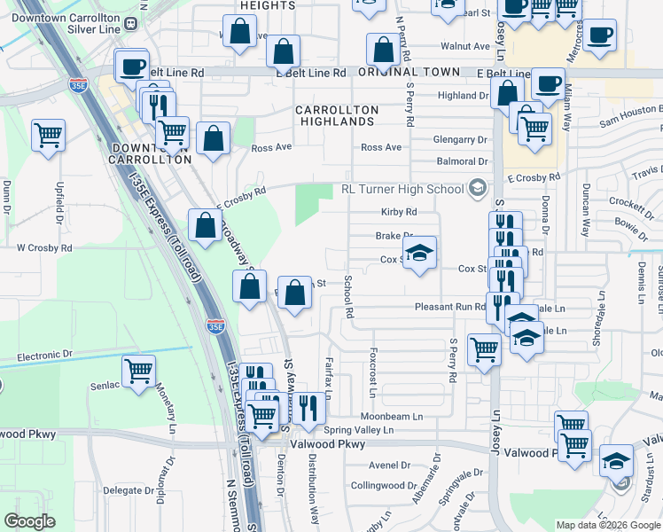 map of restaurants, bars, coffee shops, grocery stores, and more near 1506 School Road in Carrollton
