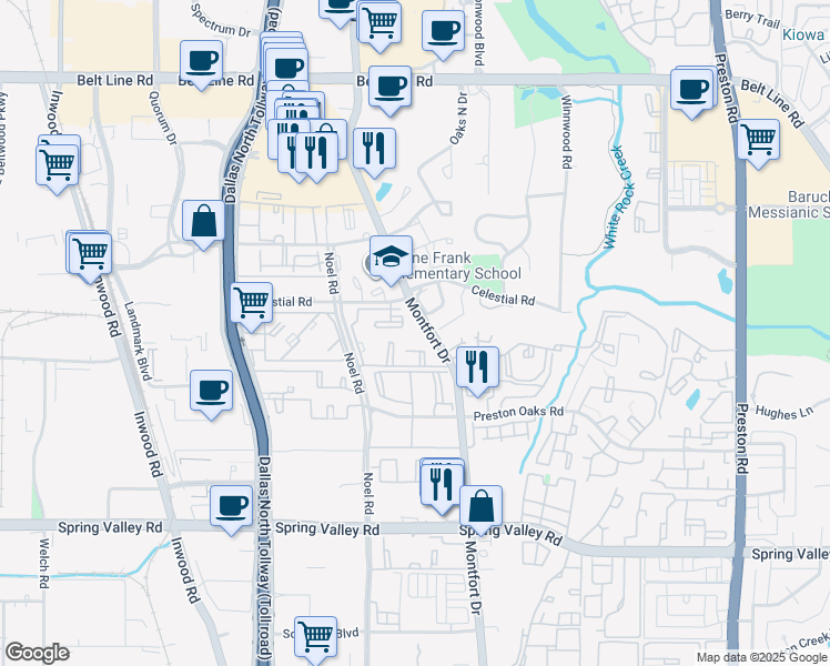 map of restaurants, bars, coffee shops, grocery stores, and more near 14601 Montfort Drive in Dallas