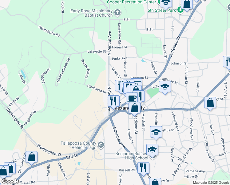 map of restaurants, bars, coffee shops, grocery stores, and more near 154 Clay Street in Alexander City