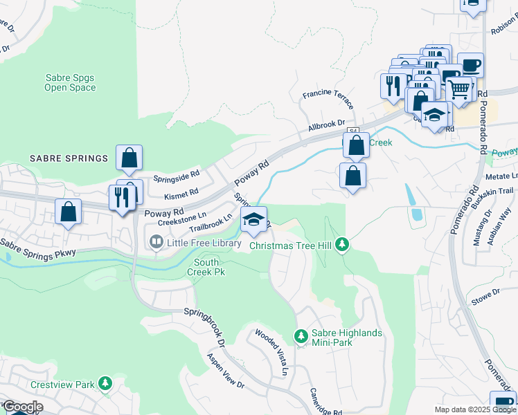 map of restaurants, bars, coffee shops, grocery stores, and more near 12481 Springhurst Drive in San Diego