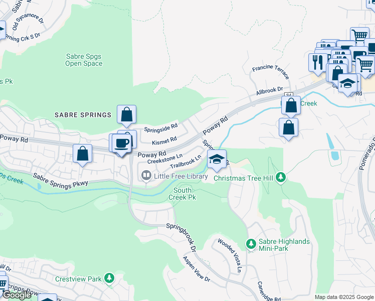 map of restaurants, bars, coffee shops, grocery stores, and more near 11574 Creekstone Lane in San Diego