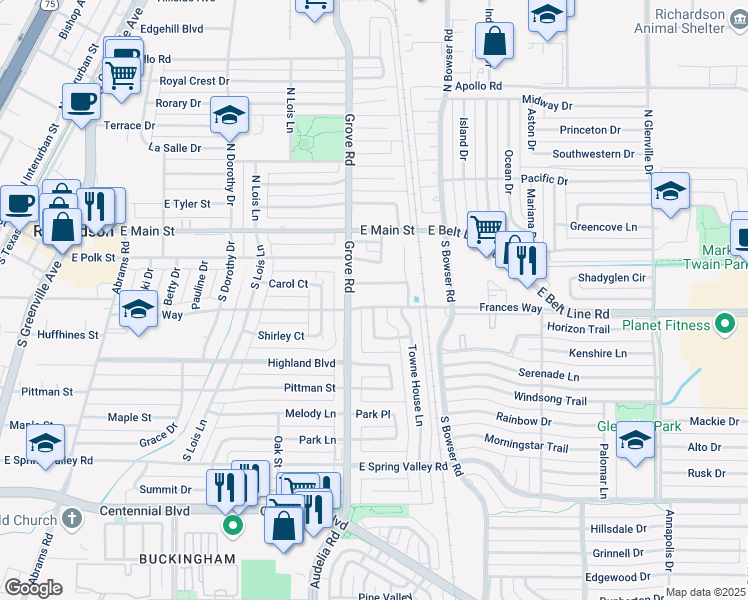 map of restaurants, bars, coffee shops, grocery stores, and more near 617 Frances Way in Richardson