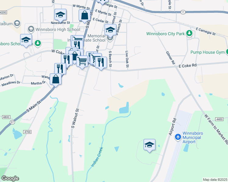 map of restaurants, bars, coffee shops, grocery stores, and more near 913 South Beech Street in Winnsboro