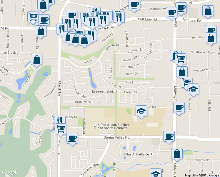 map of restaurants, bars, coffee shops, grocery stores, and more near 14652 Waterview Circle in Addison