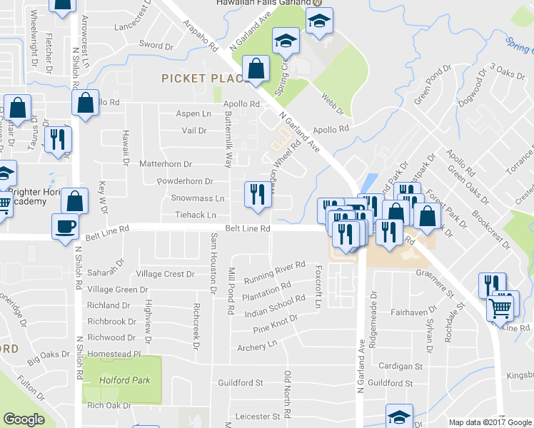 map of restaurants, bars, coffee shops, grocery stores, and more near 3021 Wagon Wheel Road in Garland