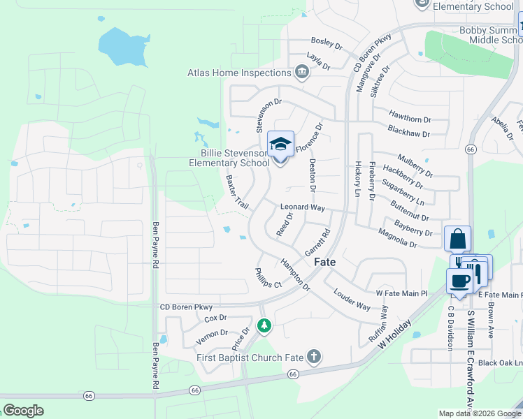 map of restaurants, bars, coffee shops, grocery stores, and more near 608 Hampton Drive in Rockwall