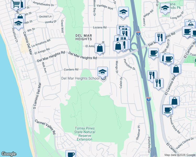 map of restaurants, bars, coffee shops, grocery stores, and more near 13611 Mercado Drive in Del Mar