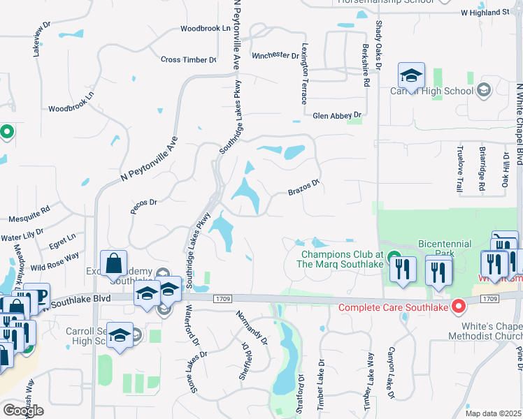 map of restaurants, bars, coffee shops, grocery stores, and more near 1201 Brazos Drive in Southlake