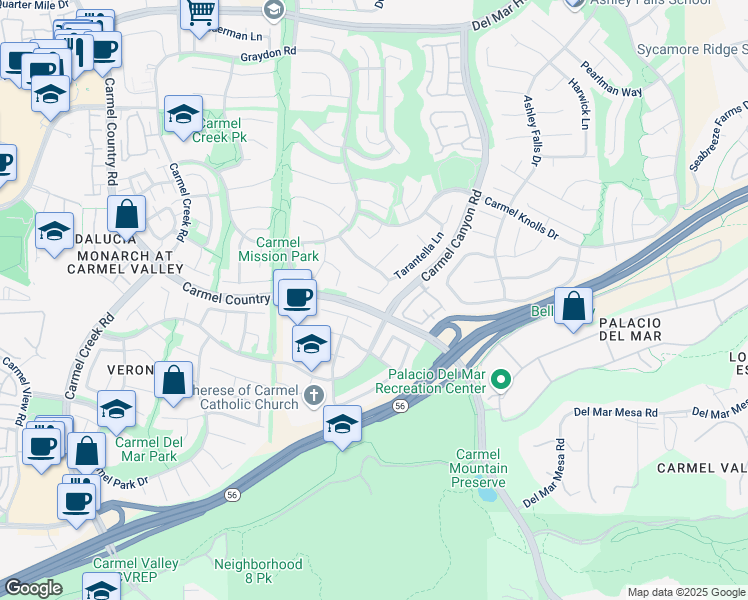map of restaurants, bars, coffee shops, grocery stores, and more near 4557 Tarantella Lane in San Diego