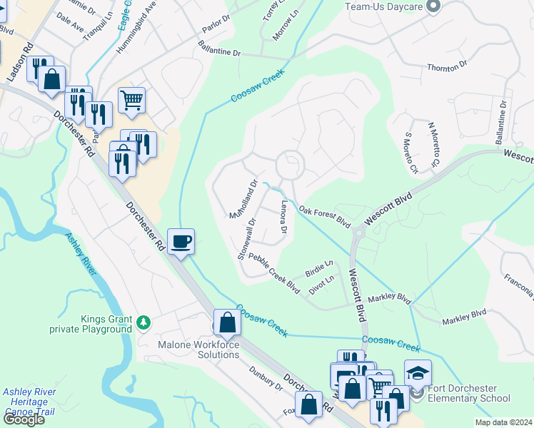 map of restaurants, bars, coffee shops, grocery stores, and more near 9609 Tothill Drive in Summerville