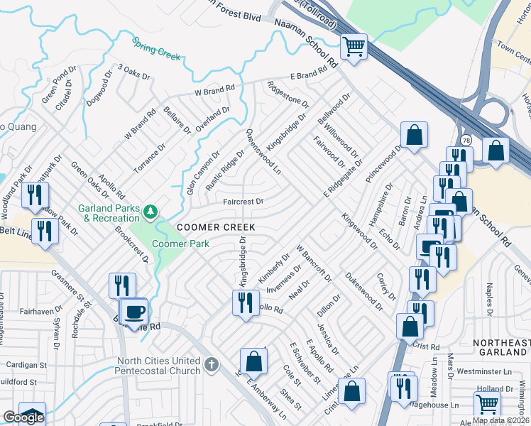 map of restaurants, bars, coffee shops, grocery stores, and more near 213 Willowcrest Drive in Garland
