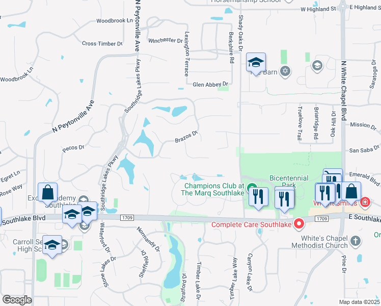 map of restaurants, bars, coffee shops, grocery stores, and more near 307 Blanco Circle in Southlake