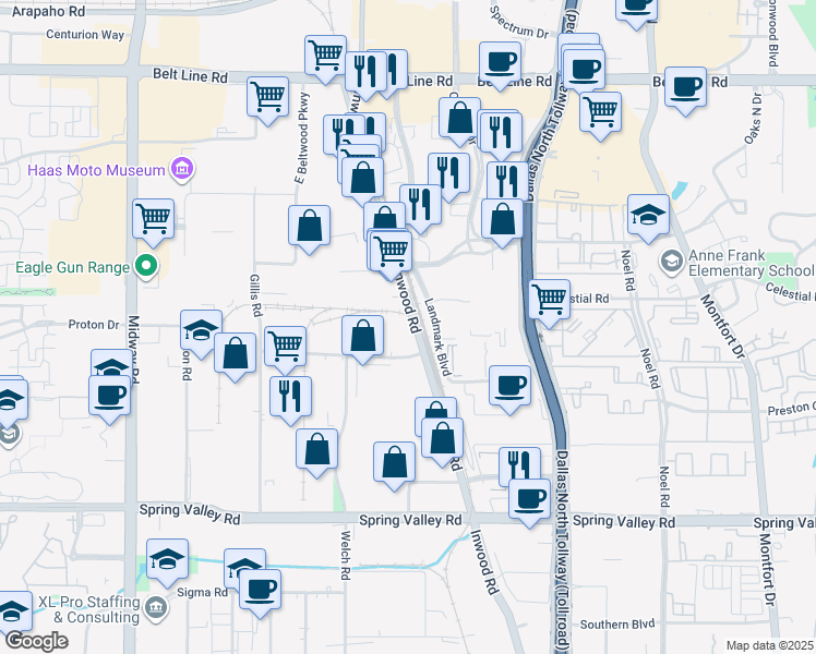 map of restaurants, bars, coffee shops, grocery stores, and more near 14315 Inwood Road in Dallas