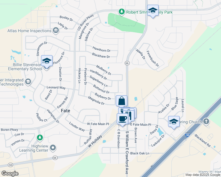 map of restaurants, bars, coffee shops, grocery stores, and more near 311 Sugarberry Lane in Rockwall