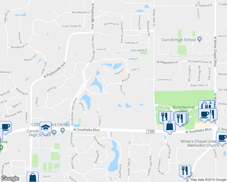 map of restaurants, bars, coffee shops, grocery stores, and more near 305 Sterling Court in Southlake