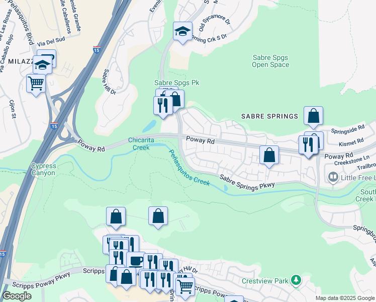 map of restaurants, bars, coffee shops, grocery stores, and more near 10942 Creekbridge Place in San Diego