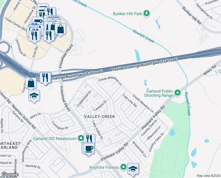 map of restaurants, bars, coffee shops, grocery stores, and more near 2321 Lantana Drive in Garland