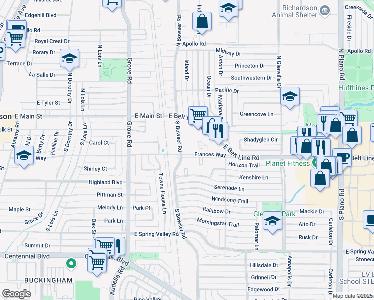 map of restaurants, bars, coffee shops, grocery stores, and more near 117 South Bowser Road in Richardson