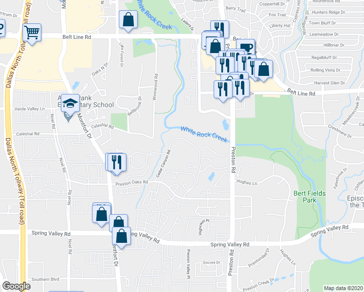 map of restaurants, bars, coffee shops, grocery stores, and more near 5711 Preston Oaks Road in Dallas