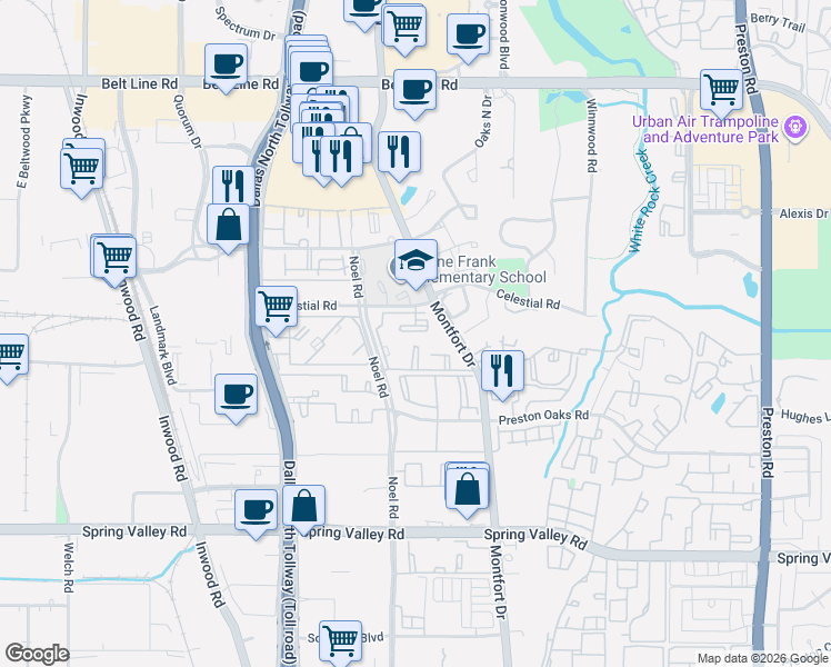 map of restaurants, bars, coffee shops, grocery stores, and more near 14501 Montfort Drive in Dallas