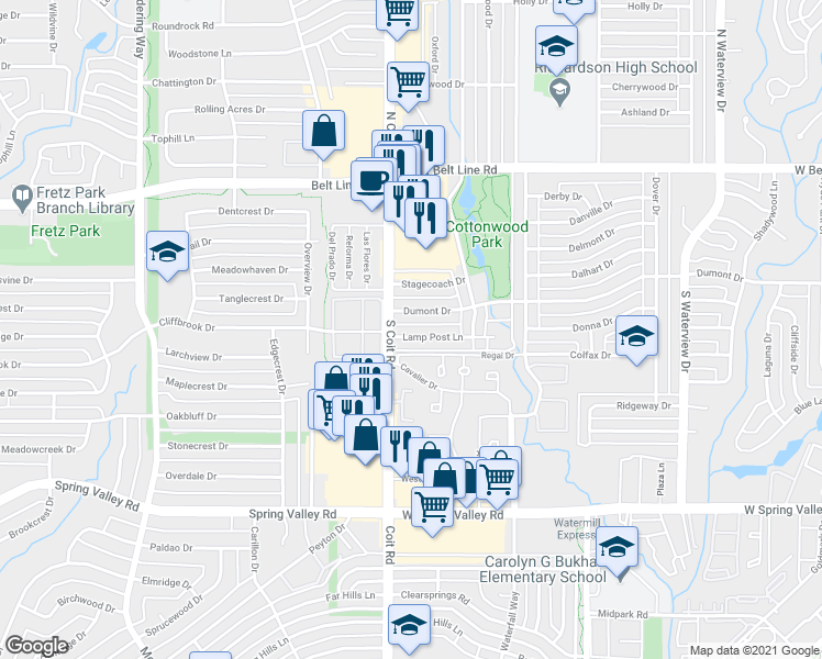 map of restaurants, bars, coffee shops, grocery stores, and more near 1426 Lamp Post Ln in Richardson