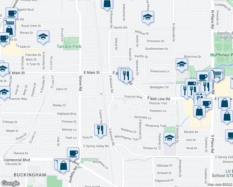map of restaurants, bars, coffee shops, grocery stores, and more near 117 South Bowser Road in Richardson