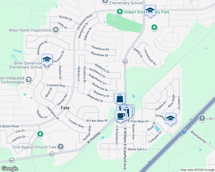 map of restaurants, bars, coffee shops, grocery stores, and more near 313 Sugarberry Lane in Rockwall