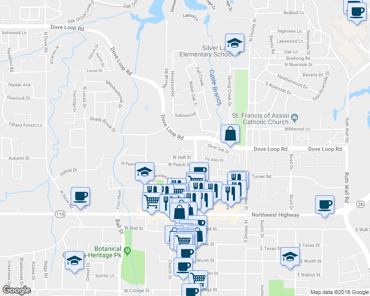 map of restaurants, bars, coffee shops, grocery stores, and more near 1290 Wildwood Court in Grapevine