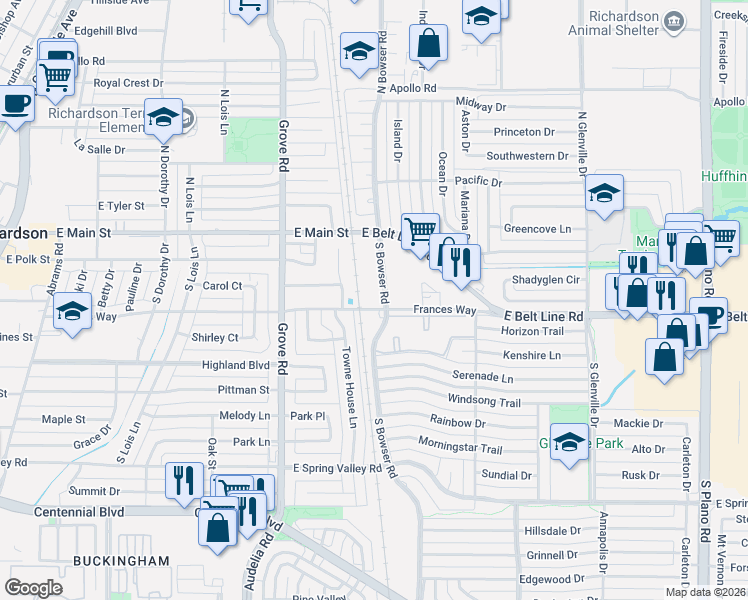map of restaurants, bars, coffee shops, grocery stores, and more near 116 South Bowser Road in Richardson