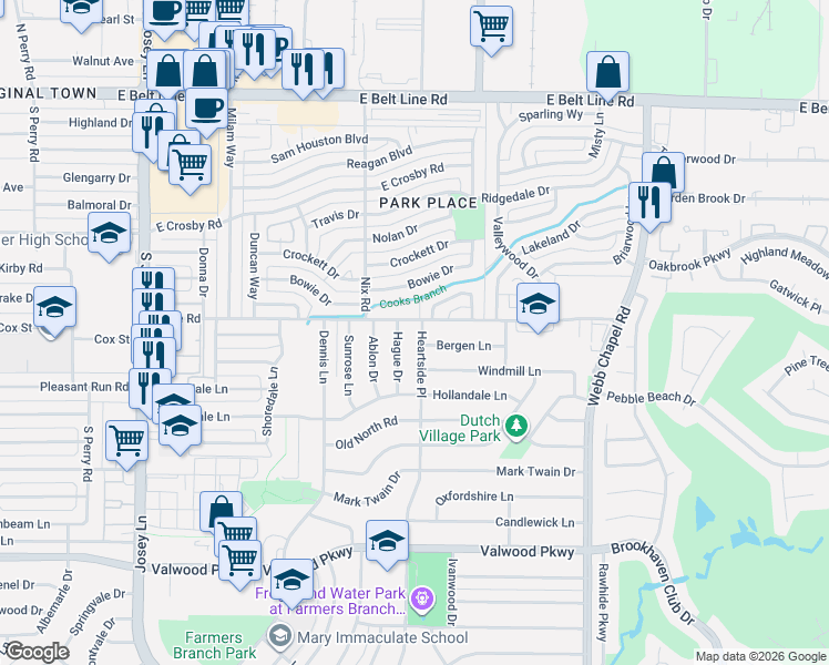map of restaurants, bars, coffee shops, grocery stores, and more near 14523 Hague Drive in Farmers Branch