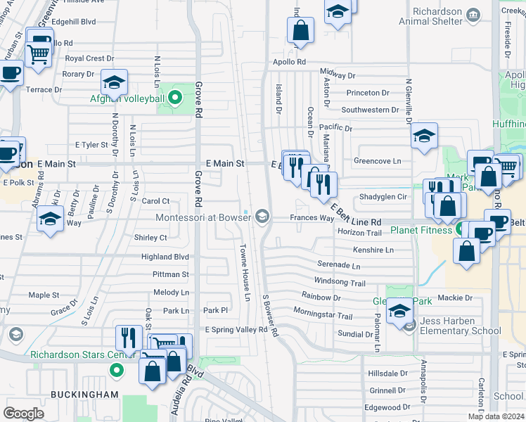 map of restaurants, bars, coffee shops, grocery stores, and more near 116 South Bowser Road in Richardson