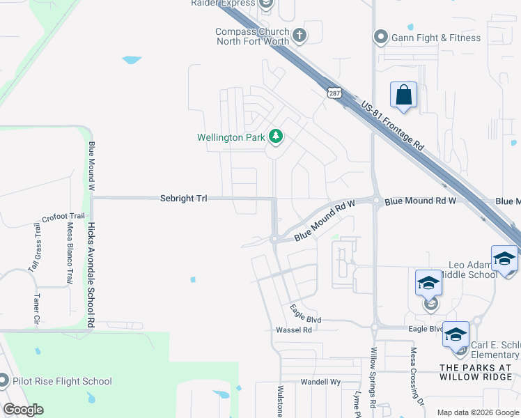 map of restaurants, bars, coffee shops, grocery stores, and more near 12121 Willet Road in Haslet