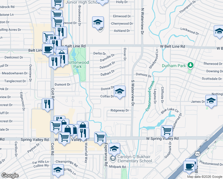 map of restaurants, bars, coffee shops, grocery stores, and more near 1227 Donna Drive in Richardson