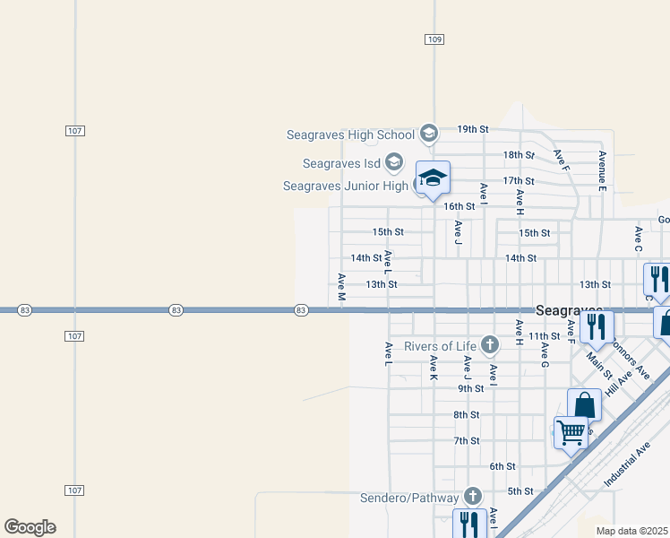 map of restaurants, bars, coffee shops, grocery stores, and more near 1305 Avenue M in Seagraves