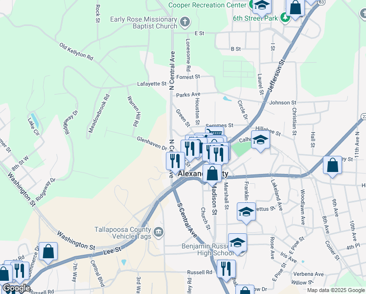 map of restaurants, bars, coffee shops, grocery stores, and more near 154 Clay Street in Alexander City