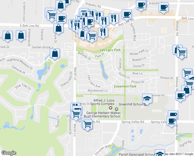 map of restaurants, bars, coffee shops, grocery stores, and more near 3789 Waterford Drive in Addison