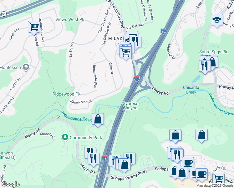map of restaurants, bars, coffee shops, grocery stores, and more near 9789 Paseo Montril in San Diego